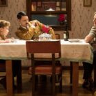 Roman Griffin Davis (left-right), Taika Waititi, and Scarlett Johansson in Jojo Rabbit.