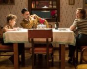 Roman Griffin Davis (left-right), Taika Waititi, and Scarlett Johansson in Jojo Rabbit.