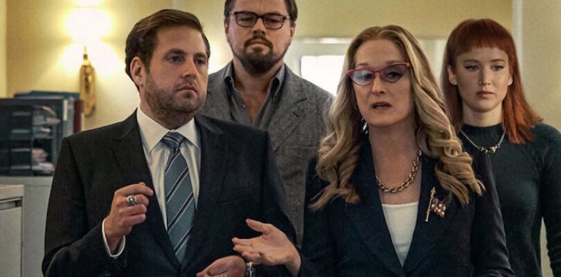 Jonah Hill, Leonardo DiCaprio, Meryl Streep, and Jennifer Lawrence in Don't Look Up