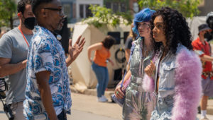 Director Bill Porter and actors Kelly Lamor Wilson and Eva Reign and on the set of their film Anything's Possible An Orion Pictures Release. Photo credit: Tony Rivetti© 2022 Orion Releasing LLC. All Rights Reserved.