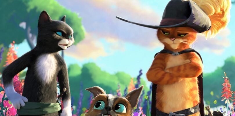 Antonio Banderas, Salma Hayek, and Harvey Guillén in "Puss in Boots: The Last Wish."