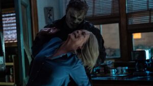 Michael Myers (aka "The Shape") and Jamie Lee Curtis (as Laurie Strode) in "Halloween Ends."