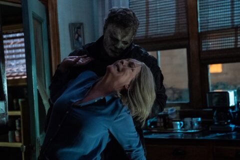 Michael Myers (aka "The Shape") and Jamie Lee Curtis (as Laurie Strode) in "Halloween Ends."