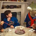 Constance Wu, Winslow Fegley, Shawn Mendes, and Javier Bardem in "Lyle, Lyle, Crocodile"