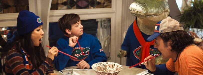 Constance Wu, Winslow Fegley, Shawn Mendes, and Javier Bardem in "Lyle, Lyle, Crocodile"