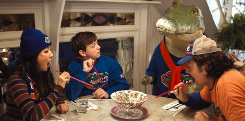 Constance Wu, Winslow Fegley, Shawn Mendes, and Javier Bardem in "Lyle, Lyle, Crocodile"