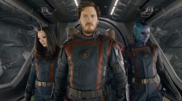 Vin Diesel, Chris Pratt, Dave Bautista, Karen Gillan, and Pom Klementieff in "Guardians of the Galaxy Vol. 3."