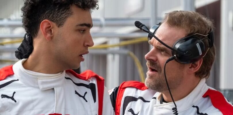 David Harbour (right) and Archie Madekwe in "Gran Turismo."