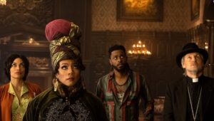 Rosario Dawson (from left), Tiffany Haddish, LaKeith Stanfield, and Owen Wilson in Disney's live-action "Haunted Mansion."