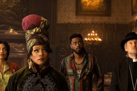 Rosario Dawson (from left), Tiffany Haddish, LaKeith Stanfield, and Owen Wilson in Disney's live-action "Haunted Mansion."