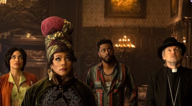 Rosario Dawson (from left), Tiffany Haddish, LaKeith Stanfield, and Owen Wilson in Disney's live-action "Haunted Mansion."