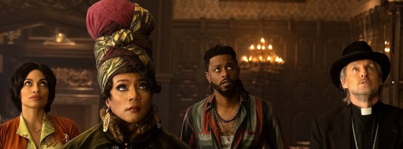 Rosario Dawson (from left), Tiffany Haddish, LaKeith Stanfield, and Owen Wilson in Disney's live-action "Haunted Mansion."