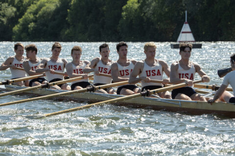 Sam Strike (l-r) stars as Roger Morris, Thomas Elms as Chuck Day, Joel Phillimore as Gordy Adam, Tom Varey as Johnny White, Wil Coban as Jim McMillan, Bruce Herbelin-Earle as Shorty Hunt, Callum Turner as Joe Rantz, Jack Mulhern as Don Hume and Luke Slattery as Bobby Moch in director George Clooney’s THE BOYS IN THE BOAT.