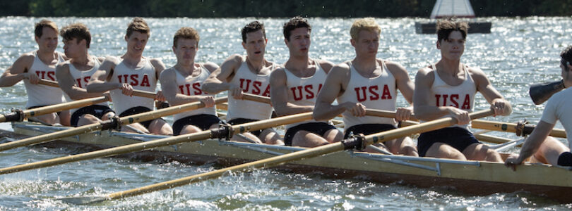 Sam Strike (l-r) stars as Roger Morris, Thomas Elms as Chuck Day, Joel Phillimore as Gordy Adam, Tom Varey as Johnny White, Wil Coban as Jim McMillan, Bruce Herbelin-Earle as Shorty Hunt, Callum Turner as Joe Rantz, Jack Mulhern as Don Hume and Luke Slattery as Bobby Moch in director George Clooney’s THE BOYS IN THE BOAT.