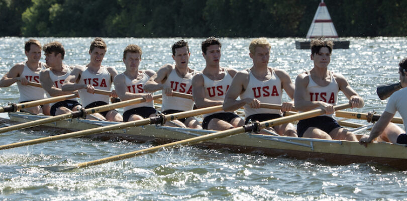 Sam Strike (l-r) stars as Roger Morris, Thomas Elms as Chuck Day, Joel Phillimore as Gordy Adam, Tom Varey as Johnny White, Wil Coban as Jim McMillan, Bruce Herbelin-Earle as Shorty Hunt, Callum Turner as Joe Rantz, Jack Mulhern as Don Hume and Luke Slattery as Bobby Moch in director George Clooney’s THE BOYS IN THE BOAT.
