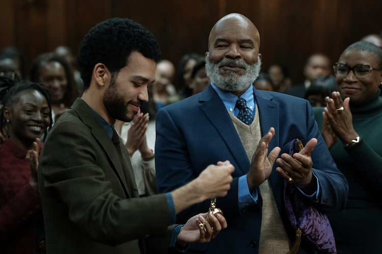 Justice Smith (left - right) as "Aren," David Alan Grier as "Roger," and Aisha Hinds as "Gabbard" in writer/director Kobi Libii's "THE AMERICAN SOCIETY OF MAGICAL NEGROES."