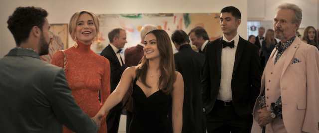 (L - R) - Catherine (Lena Olin), Ana (Camila Mendes), William (Archie Renaux), Julian (Anthony Head) in "Upgraded."