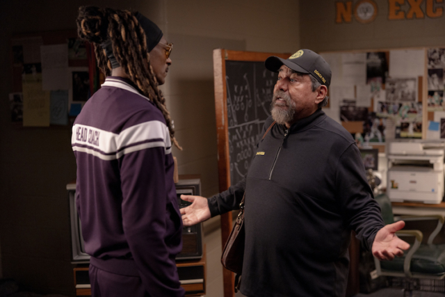 Snoop Dogg as Jaycen "Two Js" Jennings and George Lopez as Coach Feis in director Charles Stone III's "The Underdoggs." An Amazon MGM Studios film. Photo credit: Jacob Kemp. © 2024 Metro-Goldwyn-Mayer Pictures Inc. All Rights Reserved.