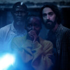 Djimon Hounsou, Lupita Nyong'o, and Alex Wolff in "A Quiet Place: Day One" from Paramount Pictures.