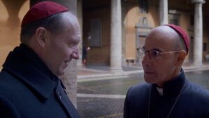 Ralph Fiennes (left) as Cardinal Lawrence and Stanley Tucci as Cardinal Bellini in director Edward Berger's “Conclave,” a Focus Features release.