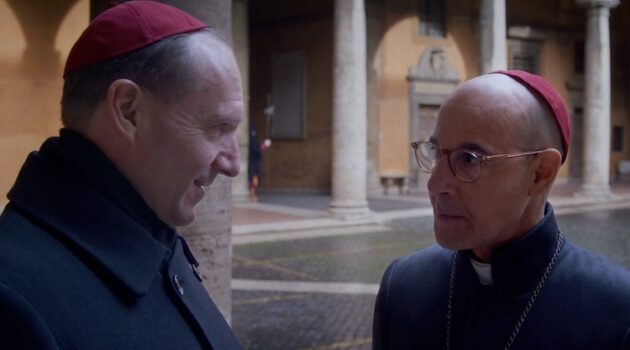 Ralph Fiennes (left) as Cardinal Lawrence and Stanley Tucci as Cardinal Bellini in director Edward Berger's “Conclave,” a Focus Features release.