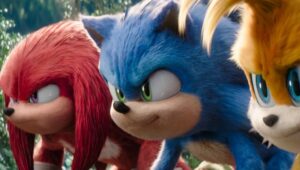 Idris Elba, Colleen O'Shaughnessey, and Ben Schwartz in “Sonic the Hedgehog 3.”