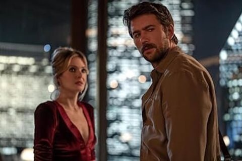 Meghann Fahy and Brandon Sklenar in “Drop.”