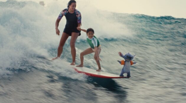 Stitch, Maia Kealoha, Nani, and Sydney Agudong in “Lilo & Stitch.”