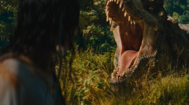 Luna Blaise and the T-Rex in “Jurassic World Rebirth,” directed by Gareth Edwards.
