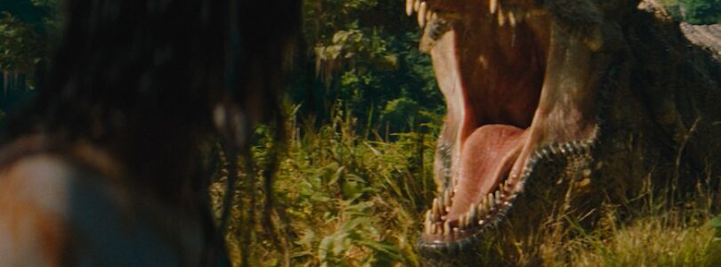 Luna Blaise and the T-Rex in “Jurassic World Rebirth,” directed by Gareth Edwards.
