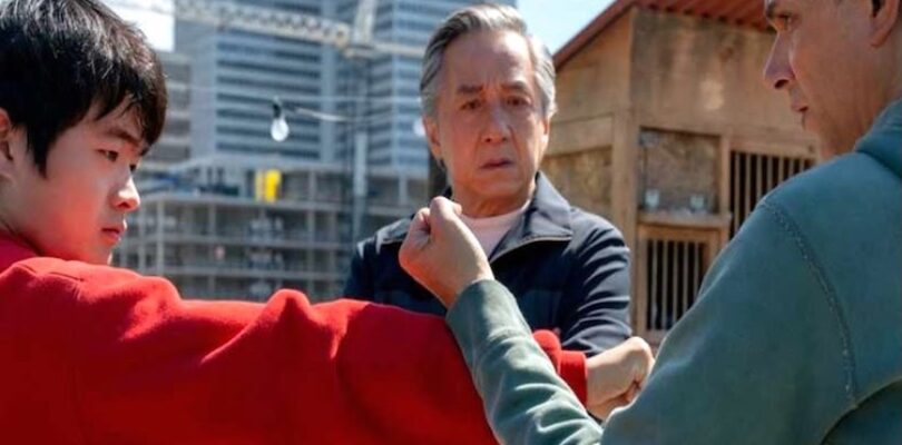 Ben Wang (from left), Jackie Chan, and Ralph Macchio in “Karate Kid: Legends.”