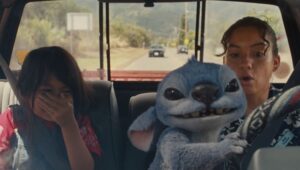 Maia Kealoha (from left) as Lilo, Stitch, and Sydney Agudong as Nani in Disney’s live-action “Lilo & Stitch.”