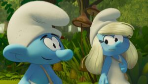 No Name (James Corden) and Smurfette (Rihanna) in Smurfs from Paramount Animation.