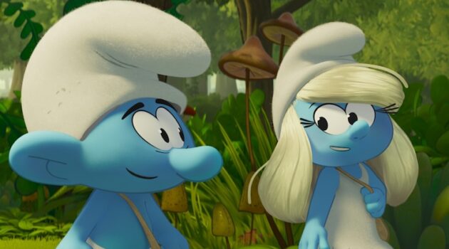 No Name (James Corden) and Smurfette (Rihanna) in Smurfs from Paramount Animation.