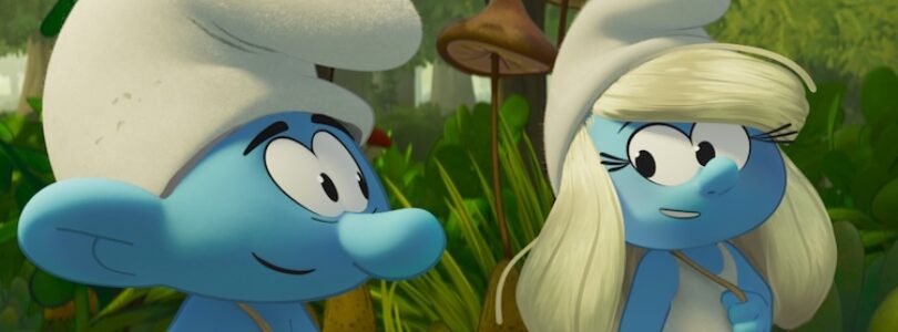 No Name (James Corden) and Smurfette (Rihanna) in Smurfs from Paramount Animation.