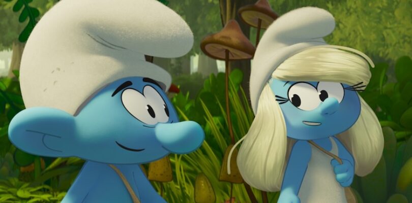 No Name (James Corden) and Smurfette (Rihanna) in Smurfs from Paramount Animation.