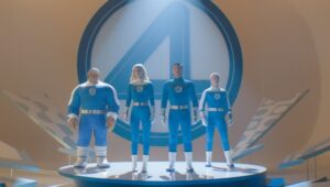 Ebon Moss-Bachrach, Vanessa Kirby, Pedro Pascal, and Joseph Quinn in “The Fantastic Four: First Steps.”