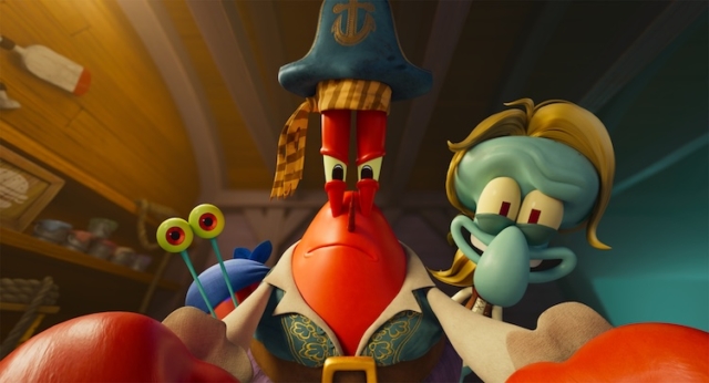 Gary (Tom Kenny), Mr. Krabs (Clancy Brown), and Squidward (Rodger Bumpass) in “The SpongeBob Movie: Search For SquarePants” from Paramount Animation and Nickelodeon.