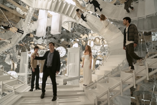 Dominic Sessa as Bosco, Jesse Eisenberg as Daniel Atlas, Isla Fisher as Henley Reeves, and Justice Smith as Charlie in “Now You See Me: Now You Don’t.”
