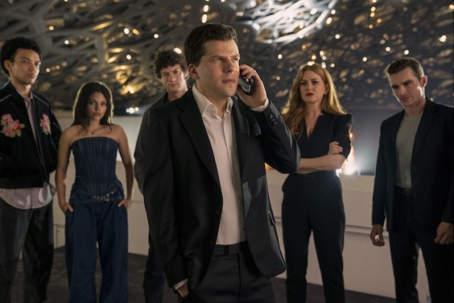 Justice Smith as Charlie, Ariana Greenblatt as June, Dominic Sessa as Bosco, Jesse Eisenberg as Daniel Atlas, Isla Fisher as Henley Reeves, and Dave Franco as Jack Wilder in “Now You See Me: Now You Don’t.”