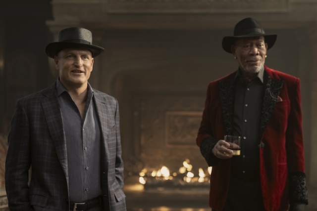 Woody Harrelson as Merrit McKinney and Morgan Freeman as Thaddeus Bradley in “Now You See Me: Now You Don’t.”