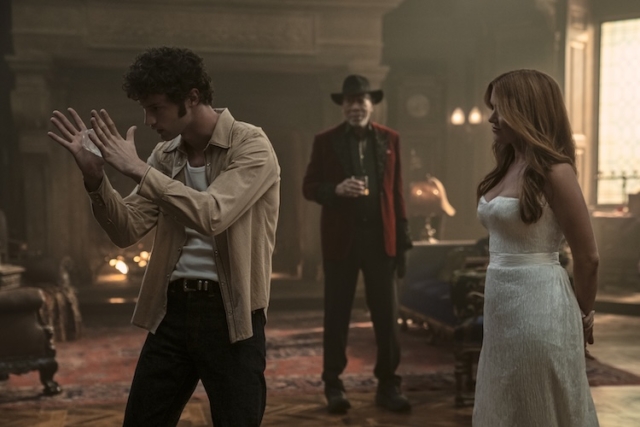 Dominic Sessa as Bosco, Morgan Freeman as Thaddeus Bradley, and Isla Fisher as Henley Reeves in “Now You See Me: Now You Don’t.”