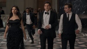 Ariana Greenblatt as June, Jesse Eisenberg as Daniel Atlas, and Dave Franco as Jack Wilder in “Now You See Me: Now You Don’t.”