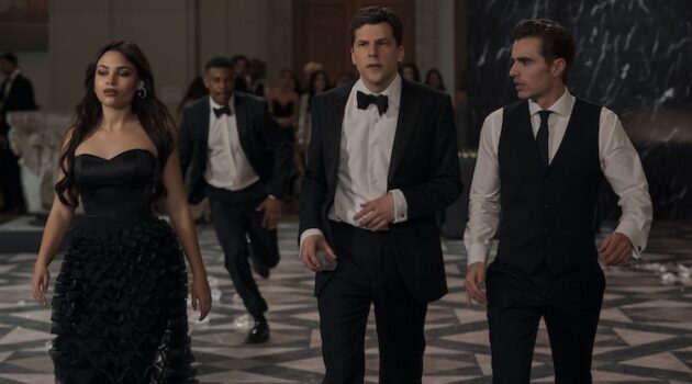 Ariana Greenblatt as June, Jesse Eisenberg as Daniel Atlas, and Dave Franco as Jack Wilder in “Now You See Me: Now You Don’t.”
