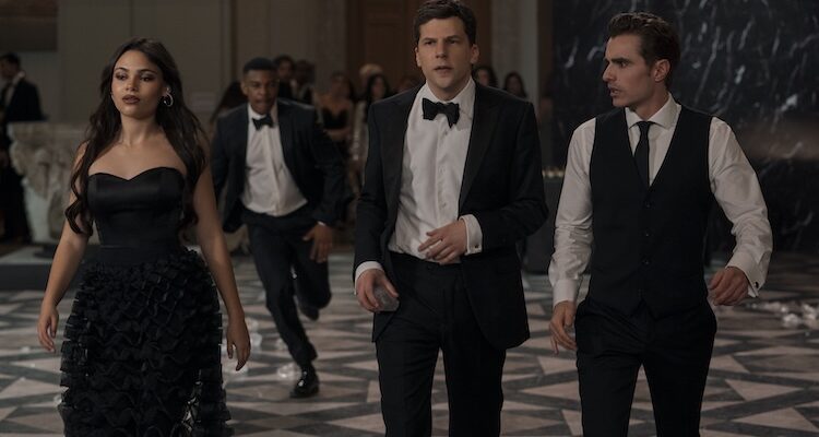 Ariana Greenblatt as June, Jesse Eisenberg as Daniel Atlas, and Dave Franco as Jack Wilder in “Now You See Me: Now You Don’t.”