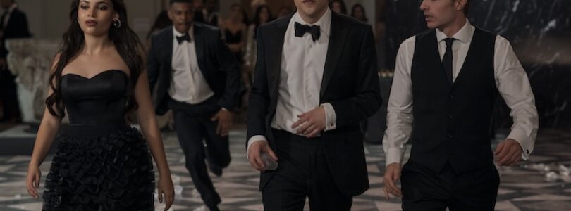 Ariana Greenblatt as June, Jesse Eisenberg as Daniel Atlas, and Dave Franco as Jack Wilder in “Now You See Me: Now You Don’t.”