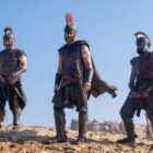 (From left) Jimmy Gonzales is Cepheus, Matt Damon is Odysseus, and Himesh Patel is Eurylochus in “The Odyssey,” written, produced, and directed by Christopher Nolan.