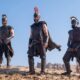 (From left) Jimmy Gonzales is Cepheus, Matt Damon is Odysseus, and Himesh Patel is Eurylochus in “The Odyssey,” written, produced, and directed by Christopher Nolan.
