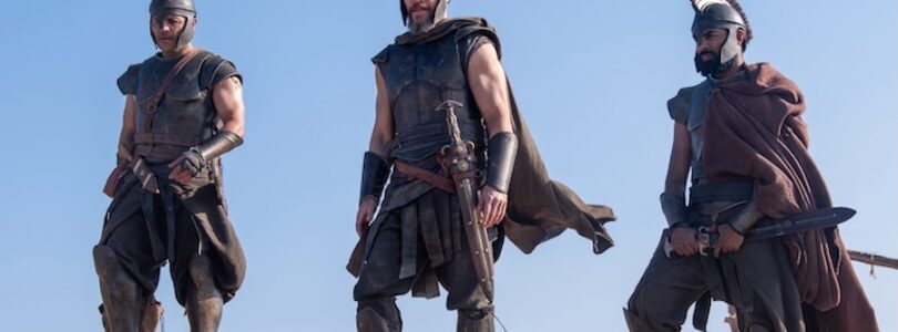 (From left) Jimmy Gonzales is Cepheus, Matt Damon is Odysseus, and Himesh Patel is Eurylochus in “The Odyssey,” written, produced, and directed by Christopher Nolan.